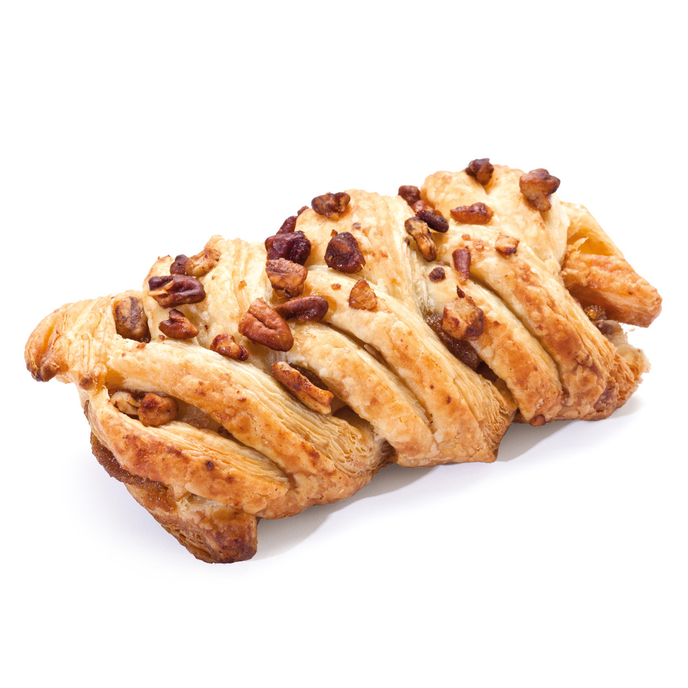 Воздушная булочка-косичка из мягкого слоеного теста c начинкой из кленового сиропа, украшена хрустящими орешками пекан. Кленовый сироп в начинке! изображение 1