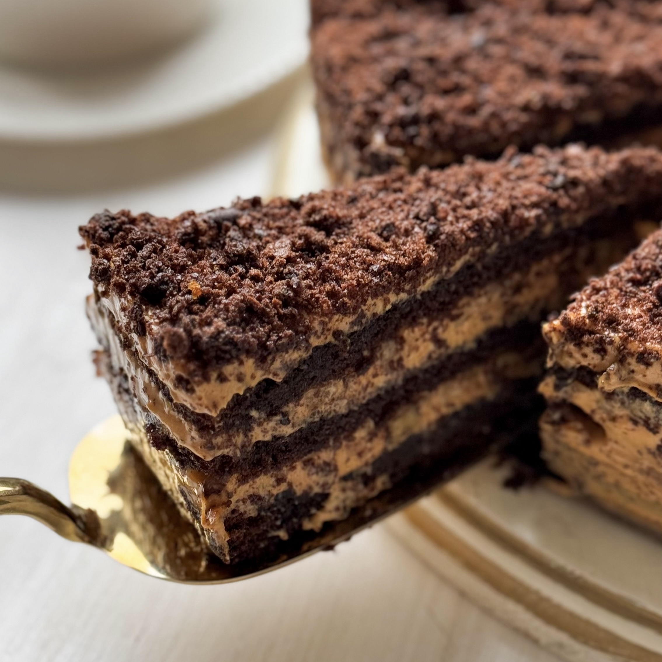 Сочный торт из слоев насыщенного шоколадного бисквита с грецким орехом и крема на основе варёной сгущёнки. изображение 2